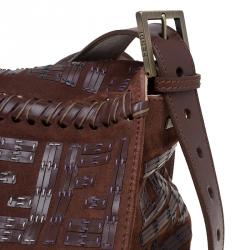 Fendi Brown Suede and Leather Large Convertible Stitched Baguette Bag