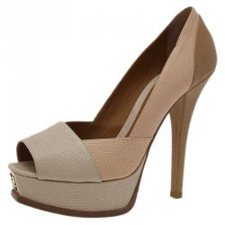 Fendi Fendista Colorblock Lizard-Embossed Leather Peep Toe Platform Pumps Size 40