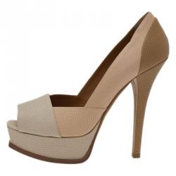 Fendi Fendista Colorblock Lizard-Embossed Leather Peep Toe Platform Pumps Size 40