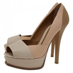 Fendi Fendista Colorblock Lizard-Embossed Leather Peep Toe Platform Pumps Size 40