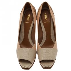 Fendi Fendista Colorblock Lizard-Embossed Leather Peep Toe Platform Pumps Size 40