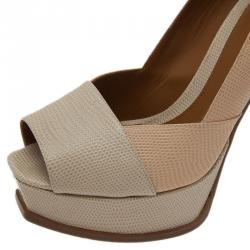 Fendi Fendista Colorblock Lizard-Embossed Leather Peep Toe Platform Pumps Size 40