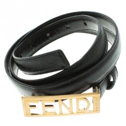 Pre Owned حزام فندي بإبزيم بشعار جلد لماع اسود 95 سم