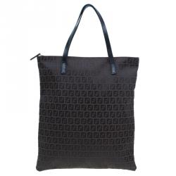 Pre Owned Fendi Chocolate Zucchino Canvas Shopper Zip Tote Bag