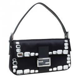 Pre Owned Fendi Black Satin/Leather Crystal Embellishments Baguette Shoulder Bag