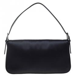 Pre Owned Fendi Black Satin/Leather Crystal Embellishments Baguette Shoulder Bag