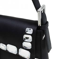 Pre Owned Fendi Black Satin/Leather Crystal Embellishments Baguette Shoulder Bag