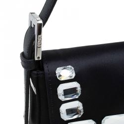 Pre Owned Fendi Black Satin/Leather Crystal Embellishments Baguette Shoulder Bag