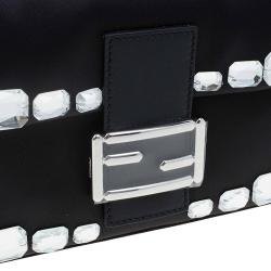 Pre Owned Fendi Black Satin/Leather Crystal Embellishments Baguette Shoulder Bag