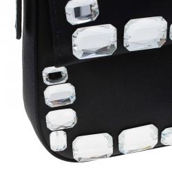 Pre Owned Fendi Black Satin/Leather Crystal Embellishments Baguette Shoulder Bag