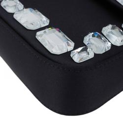 Pre Owned Fendi Black Satin/Leather Crystal Embellishments Baguette Shoulder Bag