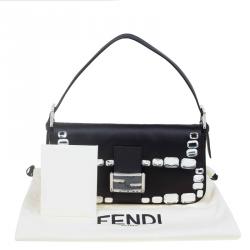 Pre Owned Fendi Black Satin/Leather Crystal Embellishments Baguette Shoulder Bag