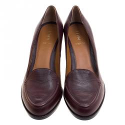 Pre Owned Fendi Burgundy Leather Austin Block Heel Pumps Size 42