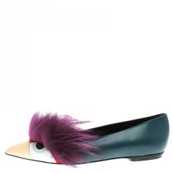 Pre Owned Fendi Blue Leather and Fur Monster Bug Pointed Toe Flats Size 38