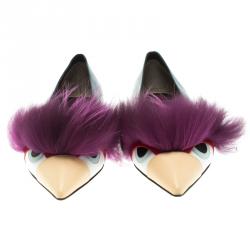 Pre Owned Fendi Blue Leather and Fur Monster Bug Pointed Toe Flats Size 38