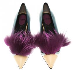 Pre Owned Fendi Blue Leather and Fur Monster Bug Pointed Toe Flats Size 38