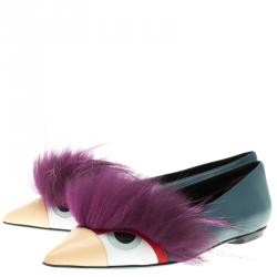 Pre Owned Fendi Blue Leather and Fur Monster Bug Pointed Toe Flats Size 38