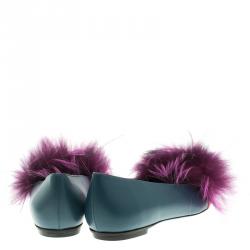 Pre Owned Fendi Blue Leather and Fur Monster Bug Pointed Toe Flats Size 38