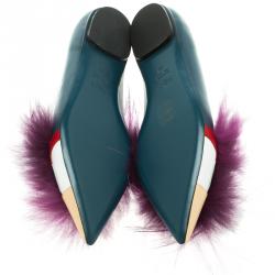 Pre Owned Fendi Blue Leather and Fur Monster Bug Pointed Toe Flats Size 38