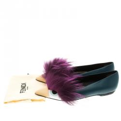 Pre Owned Fendi Blue Leather and Fur Monster Bug Pointed Toe Flats Size 38