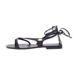 Pre Owned Fendi Brown Zucca Leather Ankle Wrap Flat Sandals Size 38.5