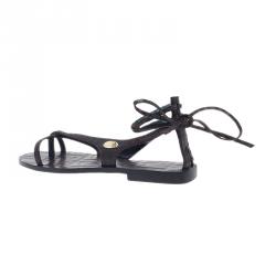 Pre Owned Fendi Brown Zucca Leather Ankle Wrap Flat Sandals Size 38.5
