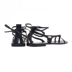 Pre Owned Fendi Brown Zucca Leather Ankle Wrap Flat Sandals Size 38.5