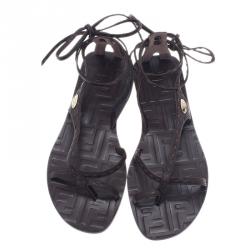 Pre Owned Fendi Brown Zucca Leather Ankle Wrap Flat Sandals Size 38.5