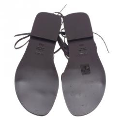 Pre Owned Fendi Brown Zucca Leather Ankle Wrap Flat Sandals Size 38.5