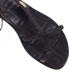 Pre Owned Fendi Brown Zucca Leather Ankle Wrap Flat Sandals Size 38.5