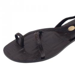 Pre Owned Fendi Brown Zucca Leather Ankle Wrap Flat Sandals Size 38.5