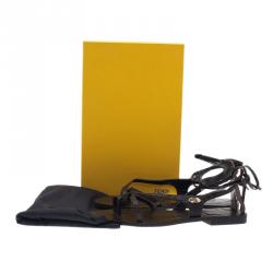 Pre Owned Fendi Brown Zucca Leather Ankle Wrap Flat Sandals Size 38.5