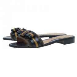 Pre Owned Fendi Tobacco Zucca Canvas and Leather Pride and Prejudice Bow Flat Slides Size 38