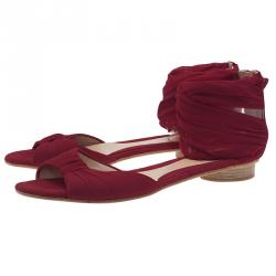 Pre Owned Fendi Red Chiffon Wrap Flat Sandals Size 39