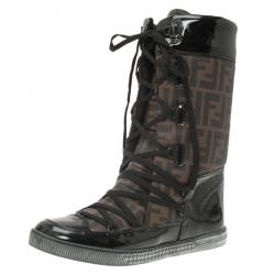 Pre Owned Fendi Brown Zucca Canvas and Black Leather Lace Up Snow Boots Size 38