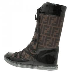 Pre Owned Fendi Brown Zucca Canvas and Black Leather Lace Up Snow Boots Size 38