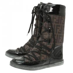 Pre Owned Fendi Brown Zucca Canvas and Black Leather Lace Up Snow Boots Size 38