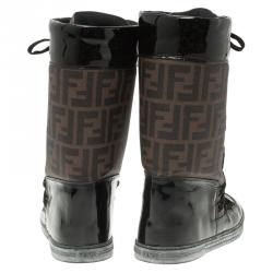 Pre Owned Fendi Brown Zucca Canvas and Black Leather Lace Up Snow Boots Size 38