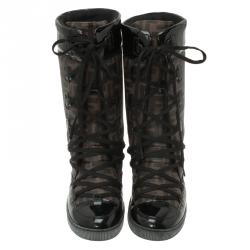 Pre Owned Fendi Brown Zucca Canvas and Black Leather Lace Up Snow Boots Size 38