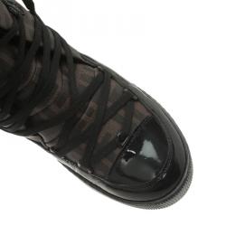 Pre Owned Fendi Brown Zucca Canvas and Black Leather Lace Up Snow Boots Size 38