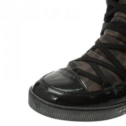 Pre Owned Fendi Brown Zucca Canvas and Black Leather Lace Up Snow Boots Size 38