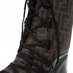 Pre Owned Fendi Brown Zucca Canvas and Black Leather Lace Up Snow Boots Size 38