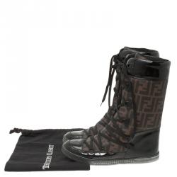 Pre Owned Fendi Brown Zucca Canvas and Black Leather Lace Up Snow Boots Size 38