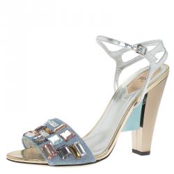 Pre Owned Fendi Silver Glitter Fantasia Embellished Ankle Strap Sandals Size 39.5