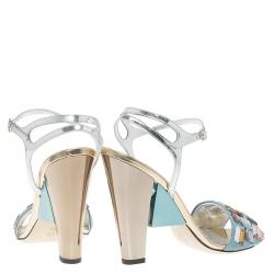 Pre Owned Fendi Silver Glitter Fantasia Embellished Ankle Strap Sandals Size 39.5