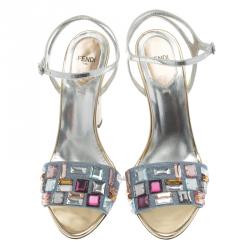 Pre Owned Fendi Silver Glitter Fantasia Embellished Ankle Strap Sandals Size 39.5