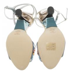 Pre Owned Fendi Silver Glitter Fantasia Embellished Ankle Strap Sandals Size 39.5