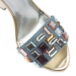 Pre Owned Fendi Silver Glitter Fantasia Embellished Ankle Strap Sandals Size 39.5