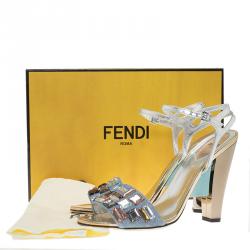 Pre Owned Fendi Silver Glitter Fantasia Embellished Ankle Strap Sandals Size 39.5