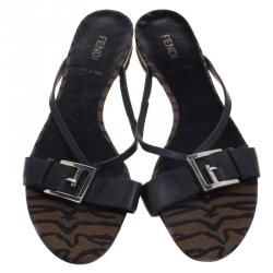 Pre Owned Fendi Black Leather Buckle Flat Slides Size 39